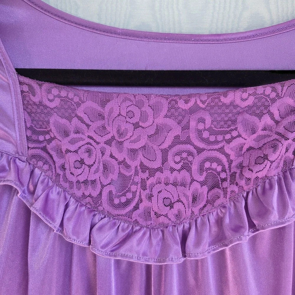 Vtg 80s Womens XL Sleep Shirt Nylon Long Sleeve Lace Front Purple‎ Retro